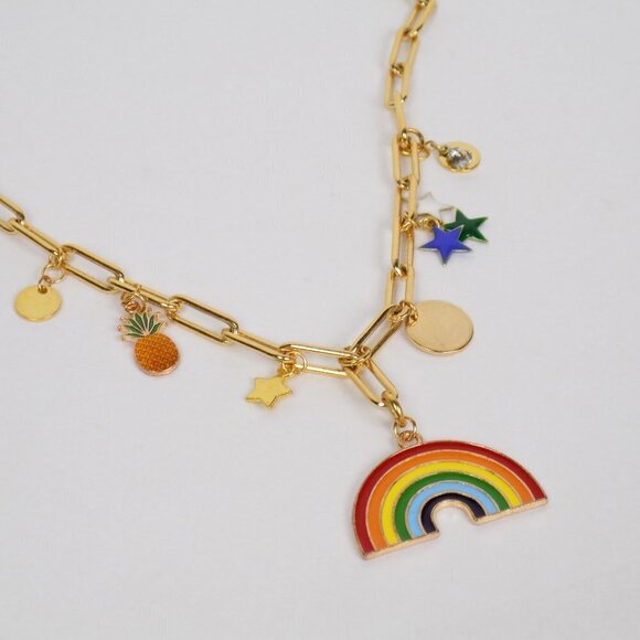 new! charm necklace paperclip link chain with enamel charms rainbow stars - Picture 1 of 5